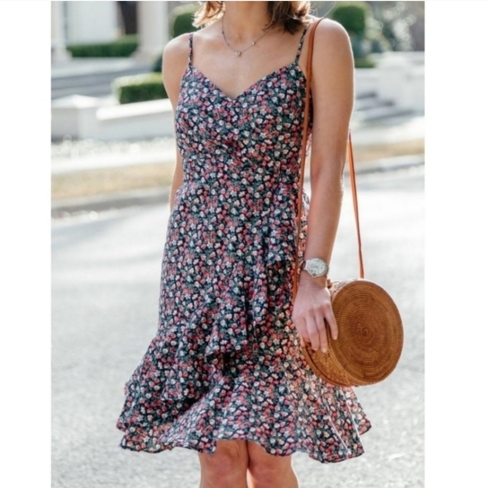 J. Crew Meringue Red Floral Print Spring V Neck Smocked Ruffled Mini Dress